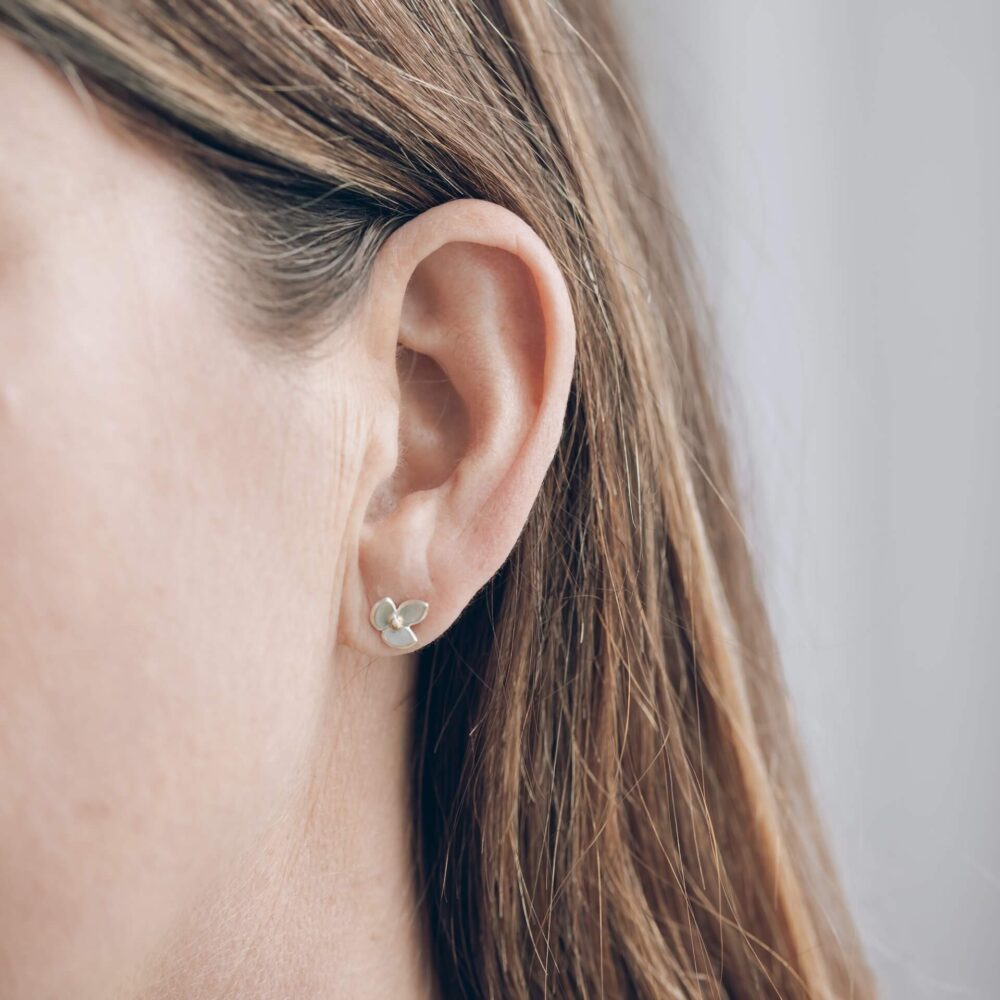 Eve Silver And Gold Studs-On Model. Designed By Jacks Turner In Her Bristol Jewellery Studio.