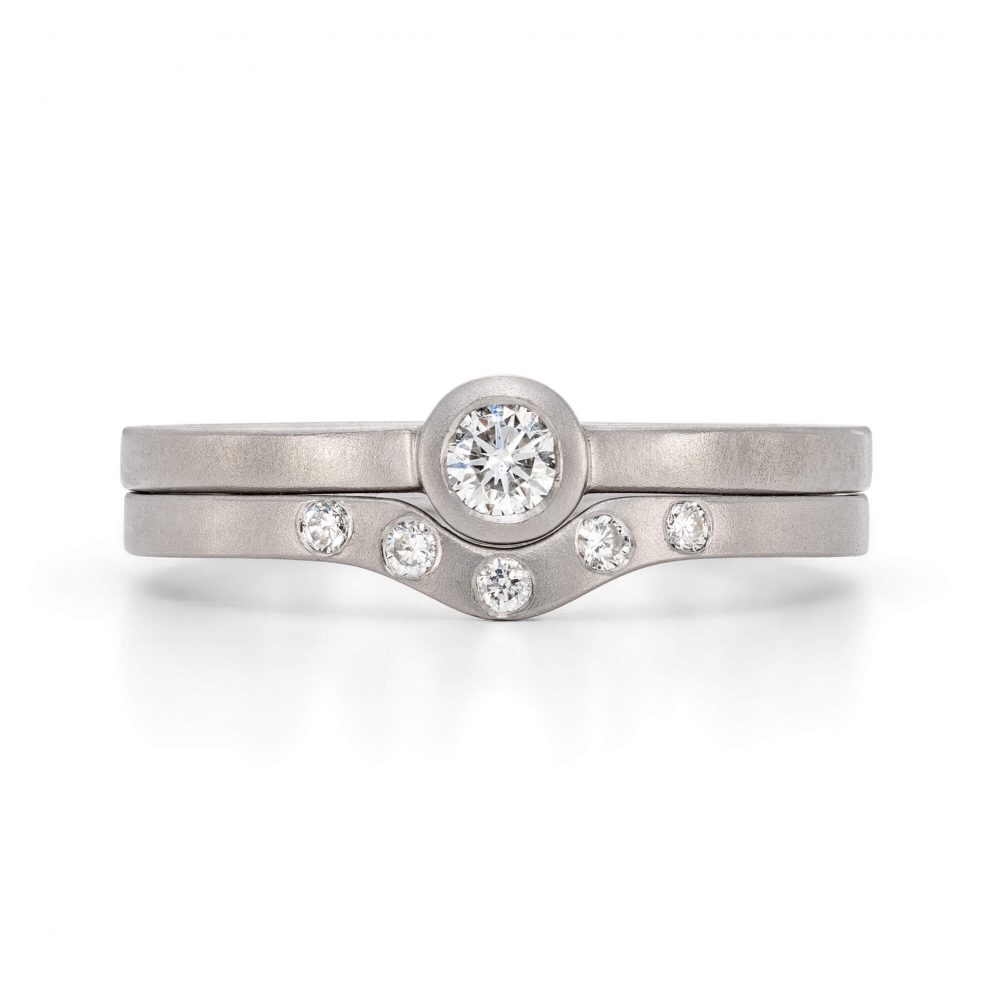 Mini Solitaire Diamond Ring With Curved Diamond Wedding Ring. Handmade In Platinum By Jacks Turner. Bristol Jeweller.