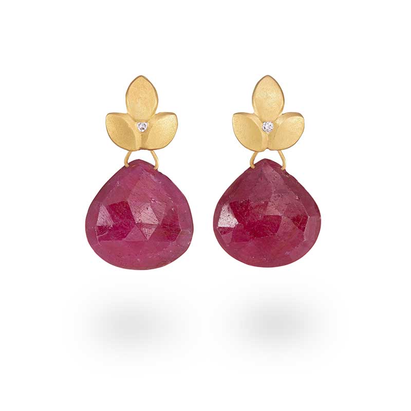 Ruby Earrings With A Tiny Diamond. Handmade In Silver With 22Ct Gold Plate. July'S Birthstone. Designed By Jacks Turner In Her Bristol Jewellery Workshop.
