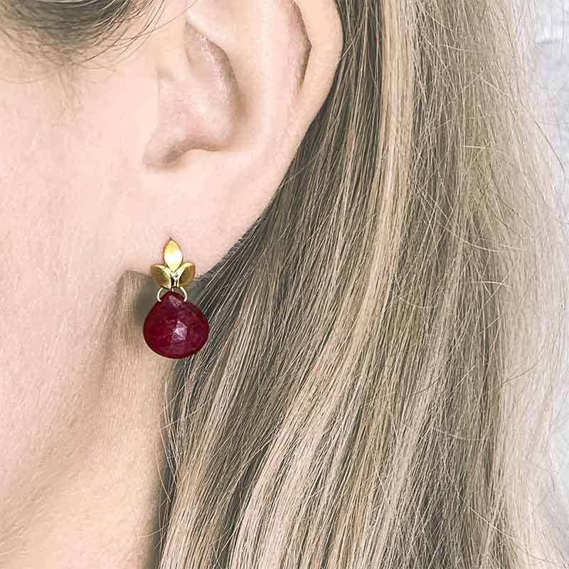 Ruby Earrings With Diamonds, Handmade In Silver With Gold Plate. Earrings Shown On Model. Handmade By Jacks Turner In Her Bristol Workshop.