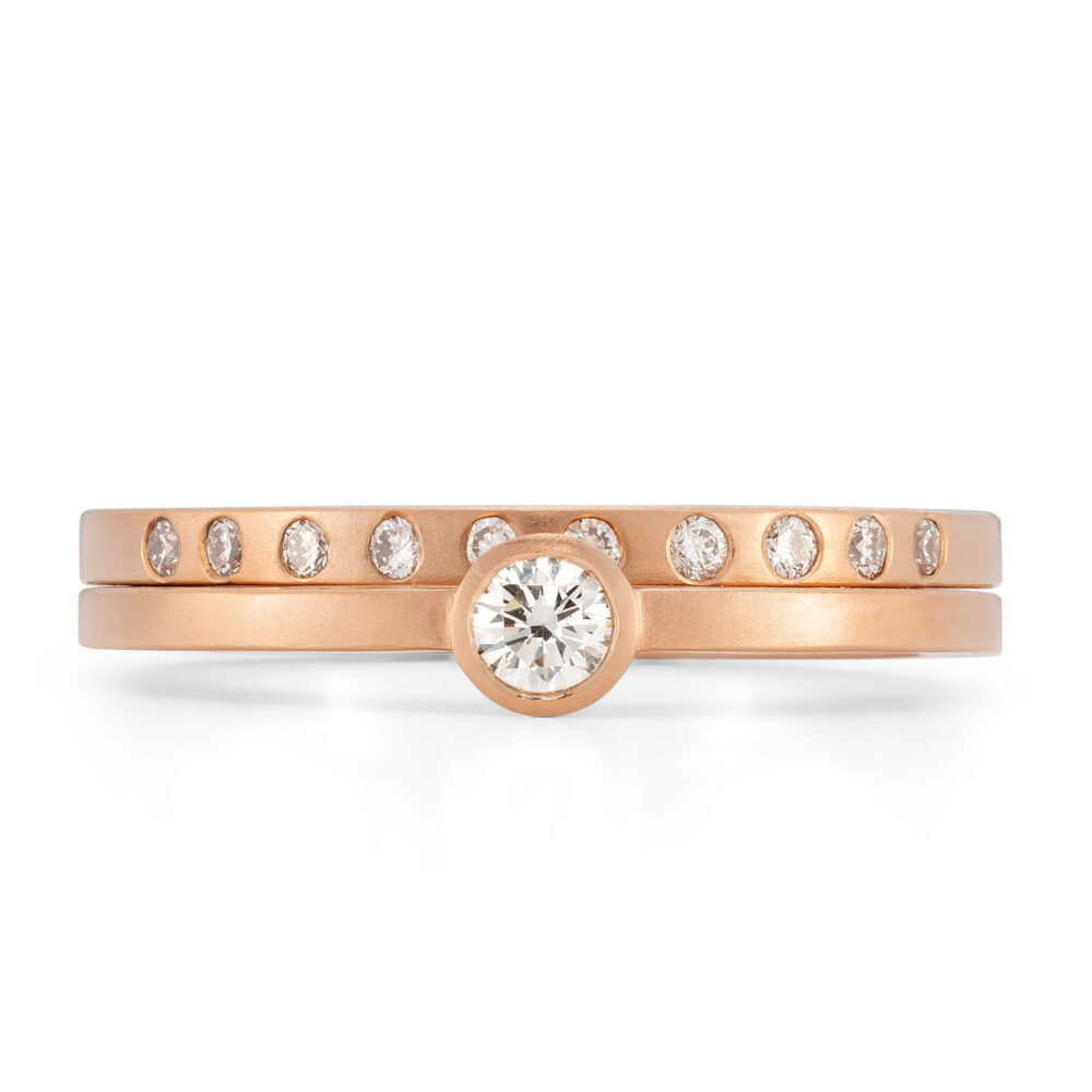 Thin Rose Gold Diamond Engagement Ring With Matching Diamond Wedding Ring Designed By Jacks Turner In Her Bristol Jewellery Workshop.
