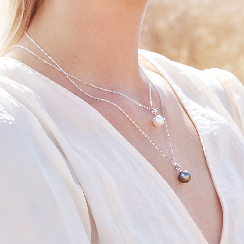 White Pearl Drop Diamond Silver Necklace On Model Bridal Wedding Jewellery Designer Jacks Turner