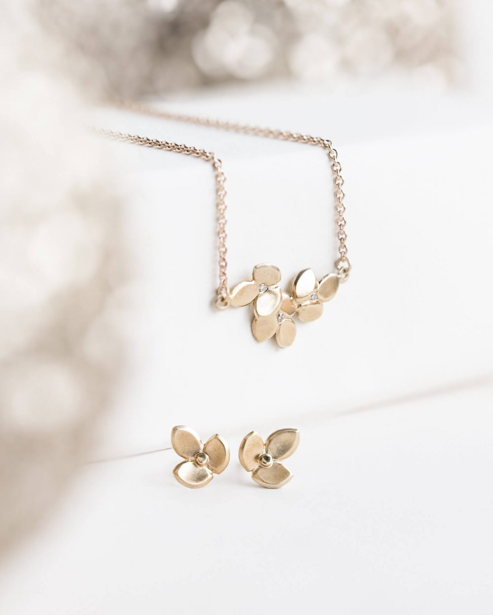 Eve Floral Gold Diamond Necklace And Earrings Jewellery Gift Set Featured Delicate Gold Diamond Stud Earrings And Simple Gold &Amp; Diamond Necklace.