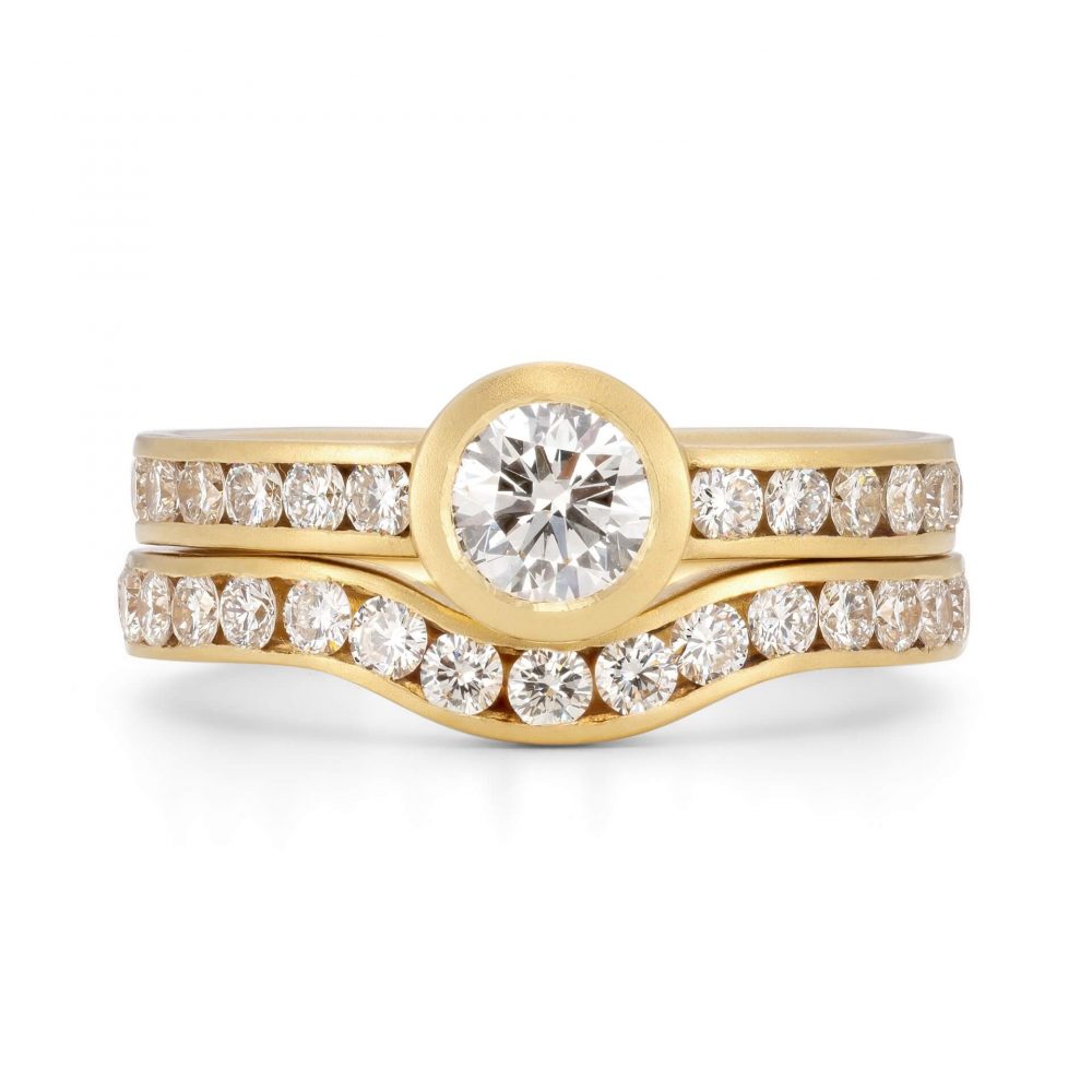 Gold Diamond Engagement Ring With A Curved Diamond Wedding Ring By Jacks Turner. From Her Bristol Workshop.