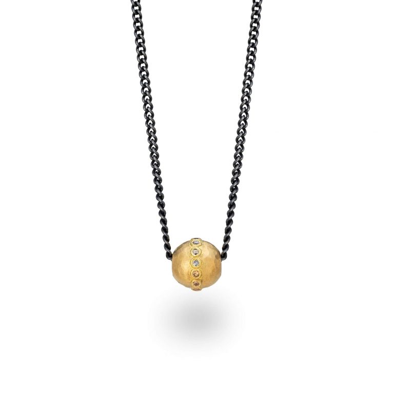 Diamond Eternity necklace. Gold diamond sphere bead on a oxidised silver chain. Handmade by Bristol jeweller Jacks Turner.