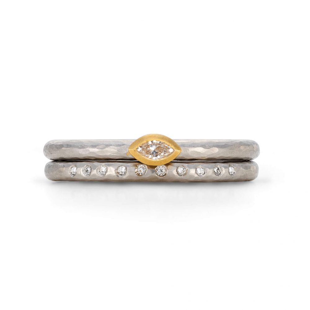 Marquise Diamond Ring In Platinum And Yellow Gold, Pictured Above A Platinum Diamond Wedding Ring. Designed By Jacks Turner In Bristol.