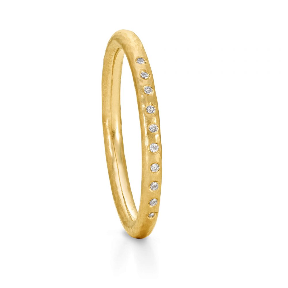 Hammered Diamond Wedding Ring Handmade In 18Ct Yellow Gold And Set With Ten Sparkle Diamonds, By Bristol Jeweller Jacks Turner.
