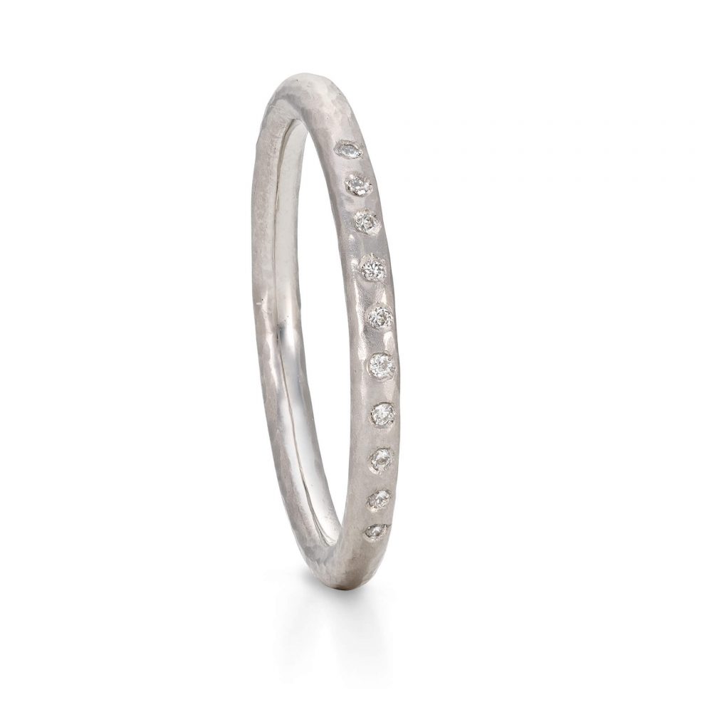 Hammered Diamond Wedding Ring Handmade In Platinum And Set With Ten Sparkle Diamonds, By Bristol Jeweller Jacks Turner.