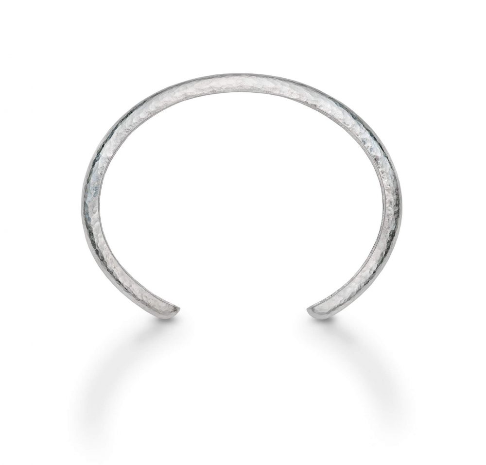 Huggie Cuff Bracelet Handmade In Hammered Silver. Pictured Showing Front View, By Jacks Turner Bristol Jeweller.