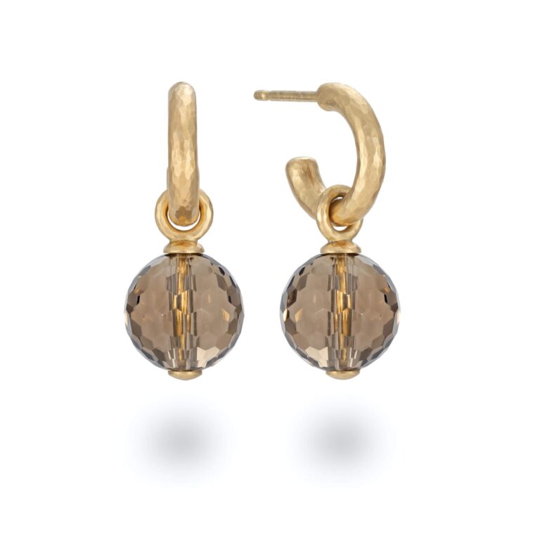 Allure Smoky Quartz gold hoop earrings Designed by Jacks Turner contemporary jewellery Bristol.