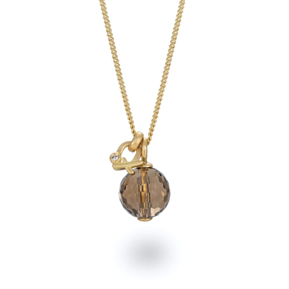 Allure Smoky Quartz Gold Pendant With 'The Kiss' Diamond Charm. Designed By Jacks Turner Contemporary Jewellery Bristol.