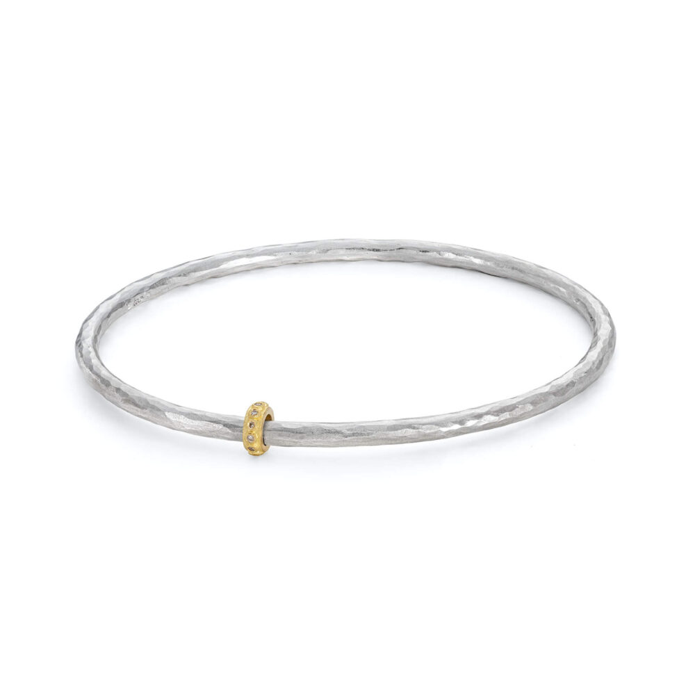 Eternity Silver Bangle With Gold Diamond Bead. Designed By Jacks Turner Contemporary Jewellery Bristol.