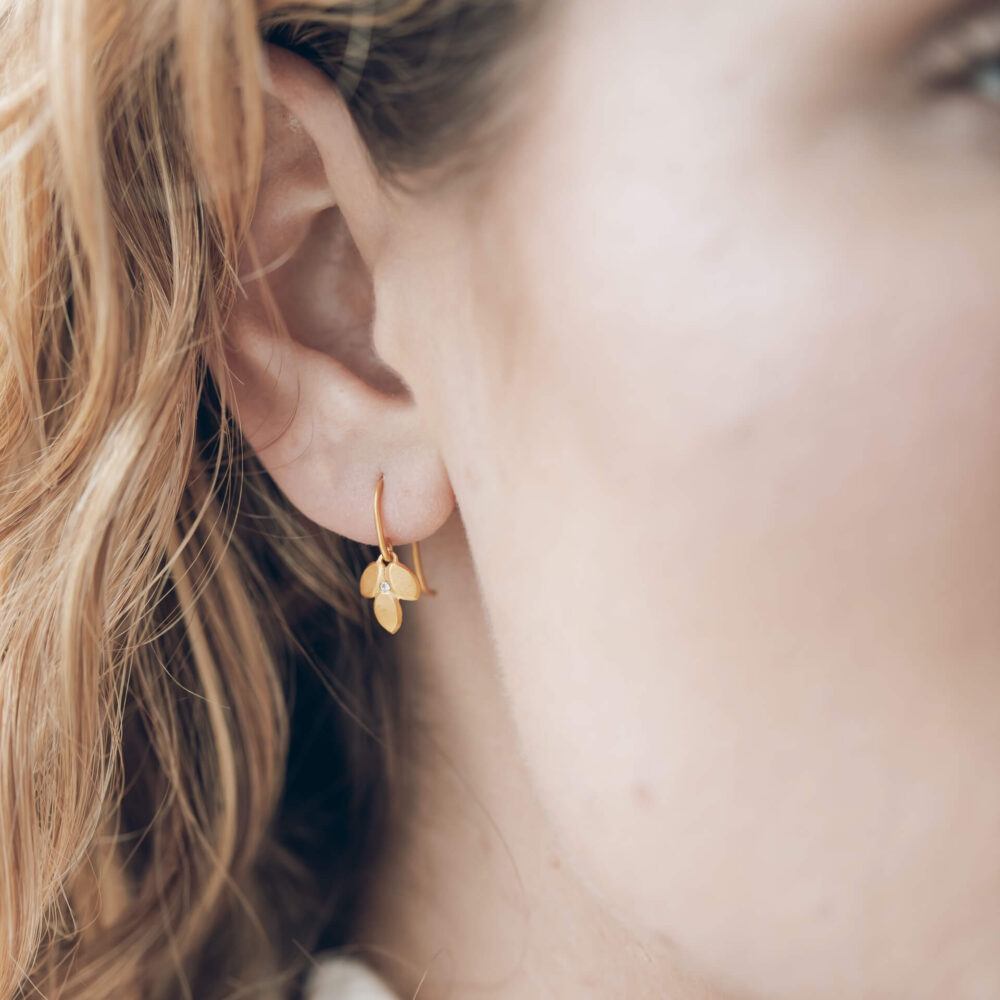 Eve Gold Plated Diamond Drop Earrings On Model. Designed And Handmade By Jacks Turner Bristol.