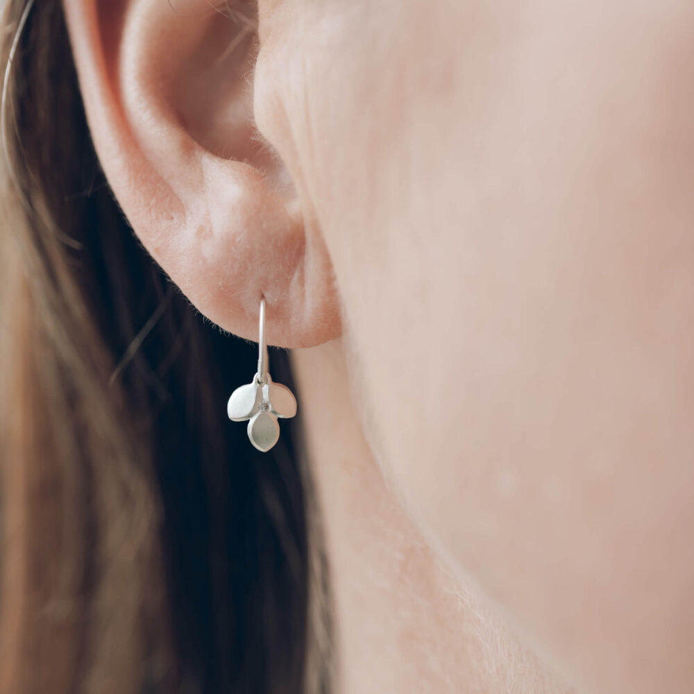 Eve Silver Diamond Drop Earrings On Model. Designed And Handmade By Jacks Turner Bristol.