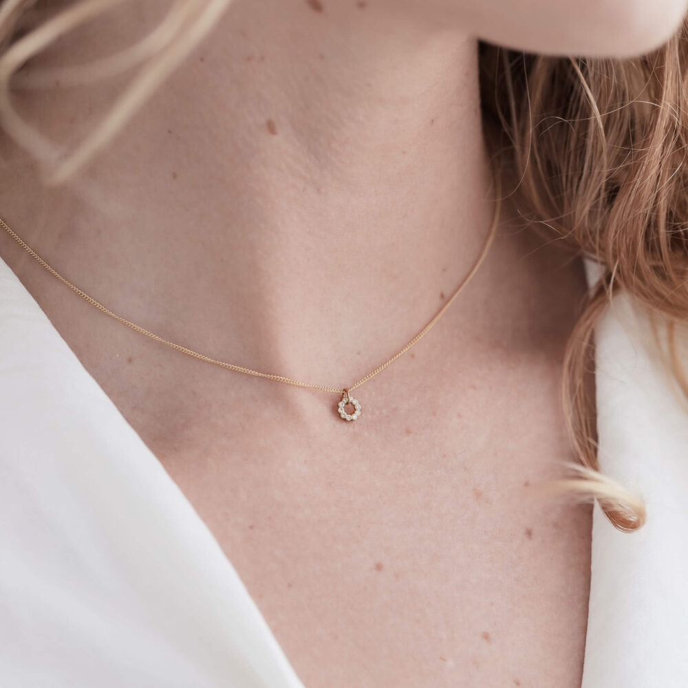 Gold Eternity Diamond Necklace On Model. Designed By Bristol Jeweller Jacks Turner.