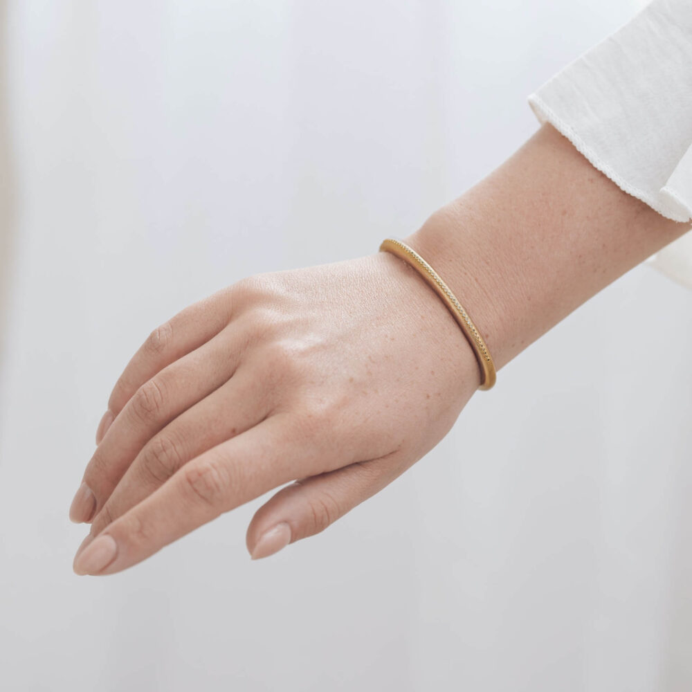 Huggie Ombre Diamond Gold Cuff Bracelet On Model. Designed By Bristol Contemporary Jeweller Jacks Turner.