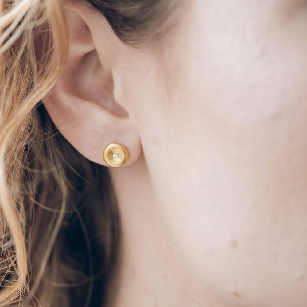 Orb Round Diamond Stud Gold On Model. Designed And Handmade By Jacks Turner Bristol.